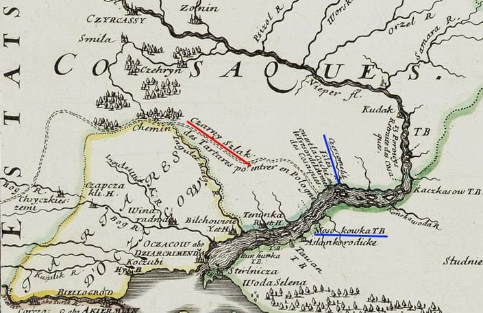 Чорний шлях на мапі SANSON, N./ MARIETTE,1665 р. // https://spadok.org.ua/krayeznavstvo/ukrayinski-avtobany-starovynni-shlyakhy