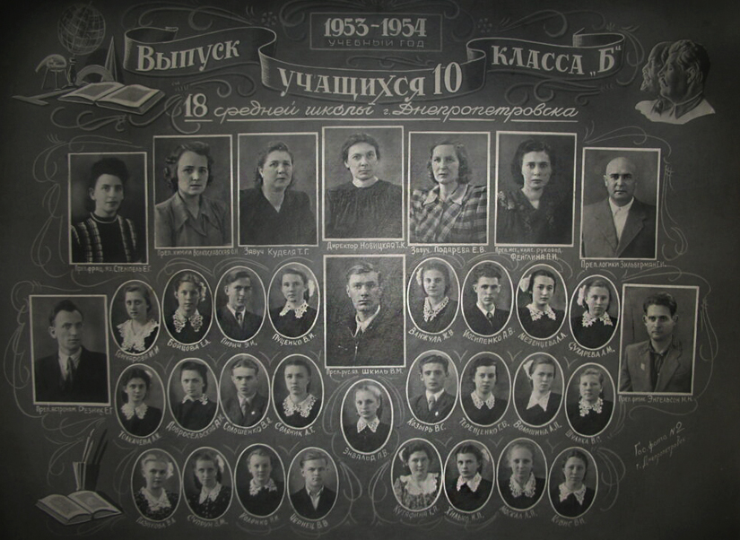 Випуск 10-Б класу СШ №18 1953–1954 навчальнового року //http://www.gazetadp.com.ua/istorii-starogo-amura-fotografiya-iz-semejnogo- arxiva/?fbclid=IwAR05djm1zXlSD8-Oqc7_4BH-qqGzR0tqJQOcy0LsB-buYBHxFJviB2BqdIY