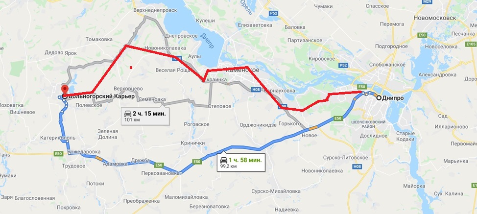 Шлях на машині позначено синім, електричкою – червоним: maps.google.com