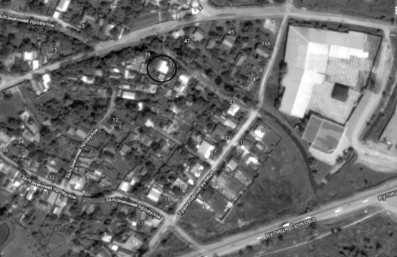 Фрагмент супутникової карти міста Новомосковська. Колом обведене приблизне місце, де знаходилась Каленикова могила