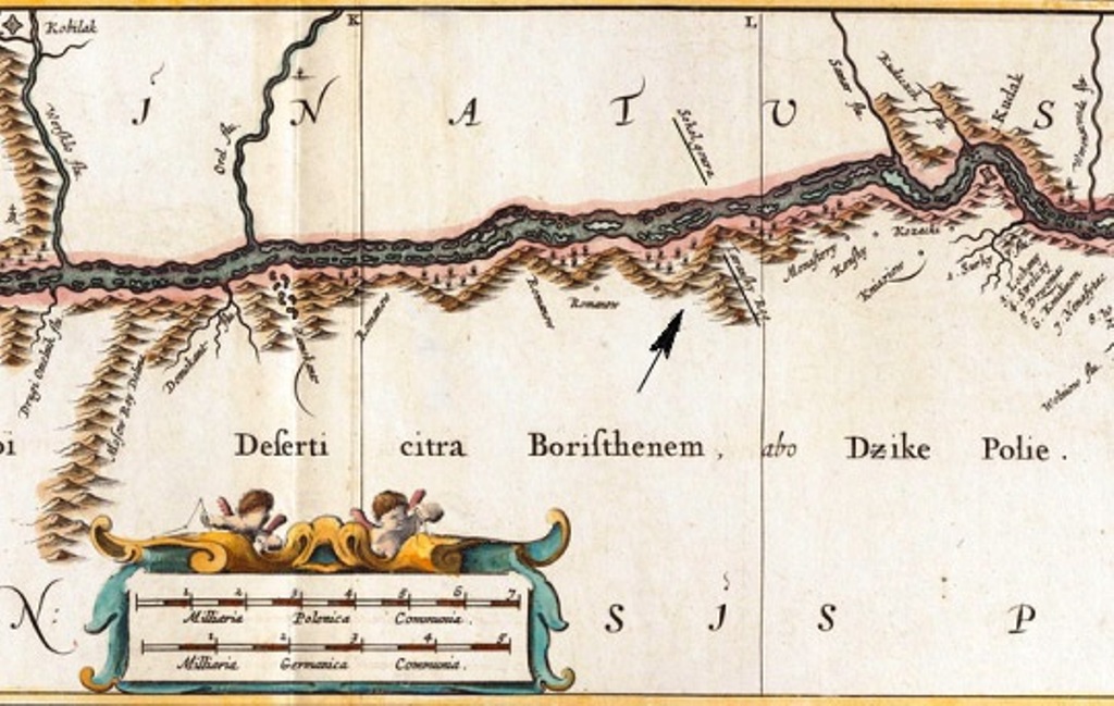 Фрагмент карти Боплана (підкреслено написи Sokol goura і Taransky Rog).