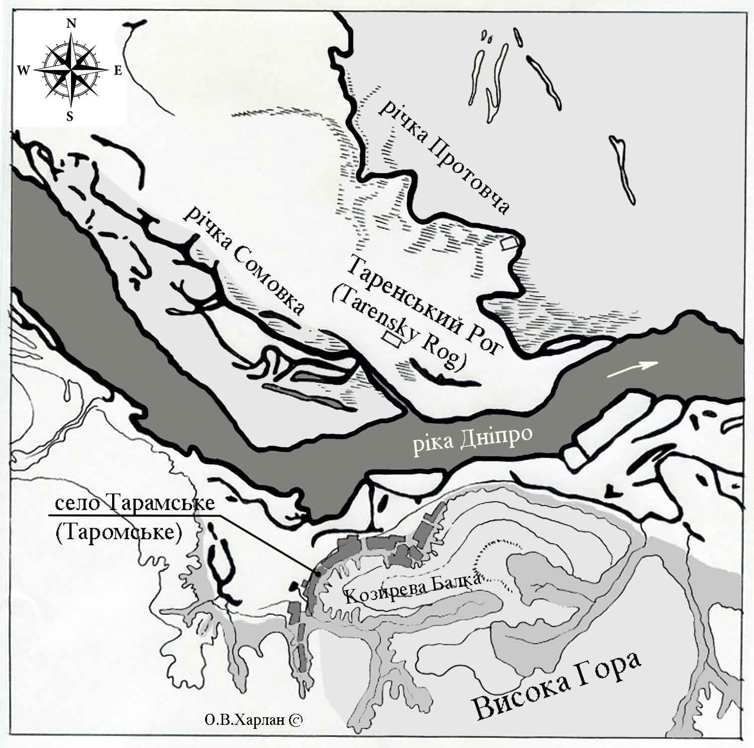 Схема-гіпотеза розташування Таренського Рогу на лівому березі Дніпра (прорис автора).